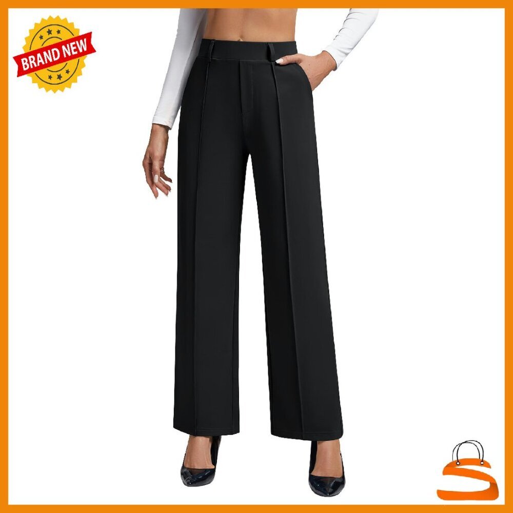 Women's Wide Leg Pull On Stretchy Dress Pants High Waisted Work Trousers